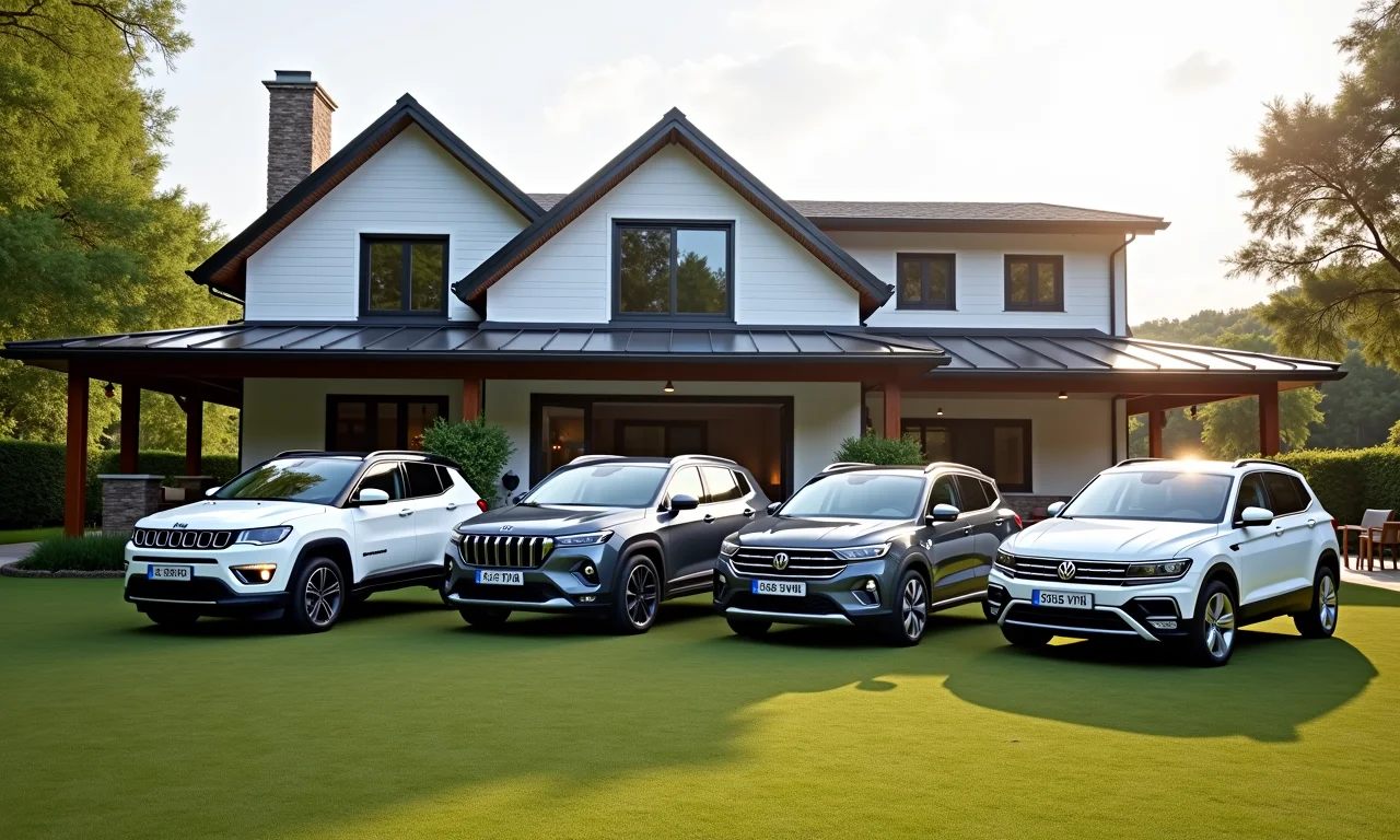 SUVs estacionados em frente a uma casa de fazenda moderna.