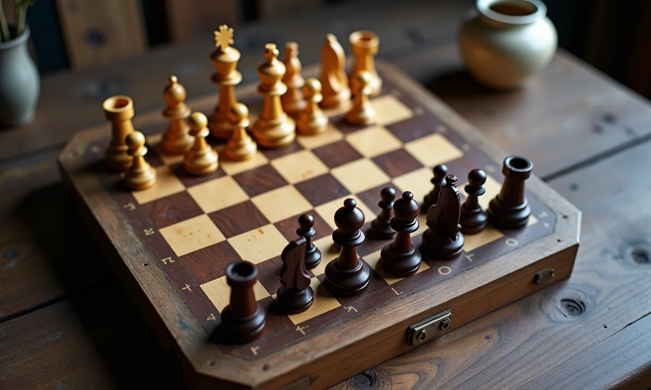 Tabuleiro de xadrez com peças sobre uma mesa de madeira antiga, forma 'quadrada' em foco.