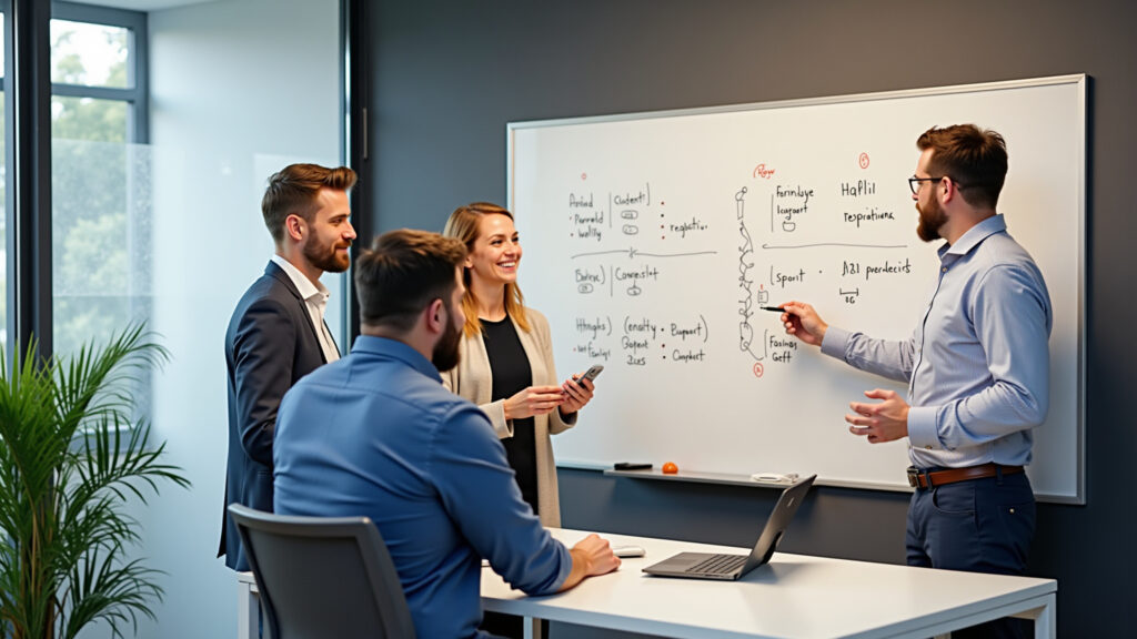 Equipe discutindo modelo de precificação híbrido para gestão de tráfego.