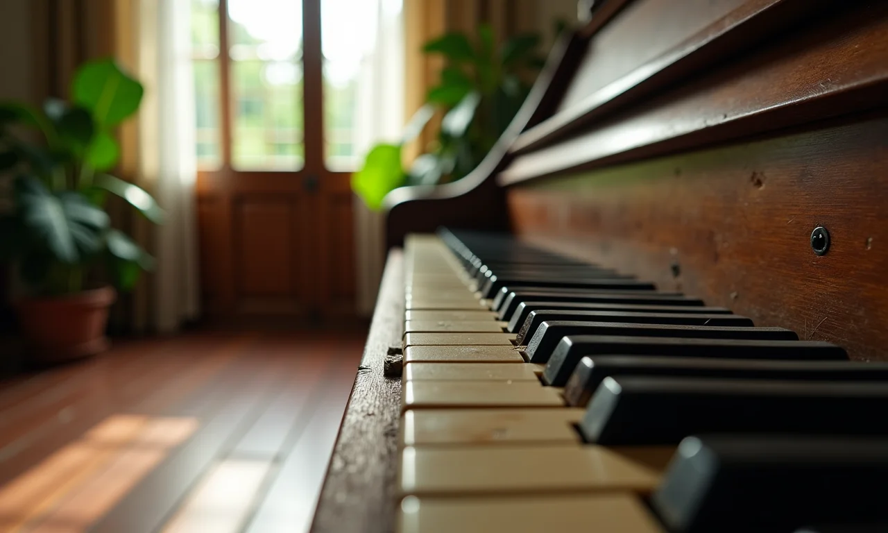 Teclado de piano antigo em sala de estar brasileira.