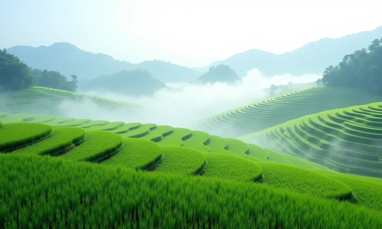 Terraços de arroz asiáticos em meio à névoa.