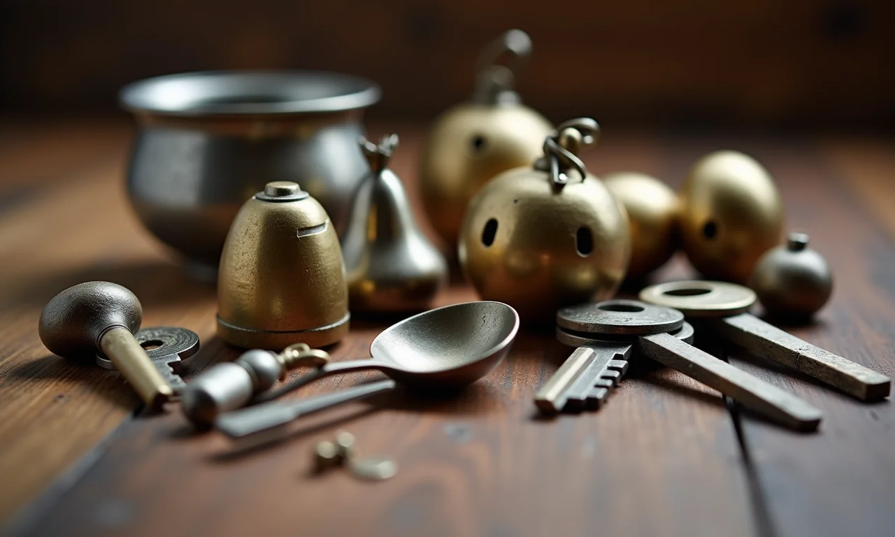 Tesouros de metal para cesta sensorial: sinos, colheres, chaves e tigela.