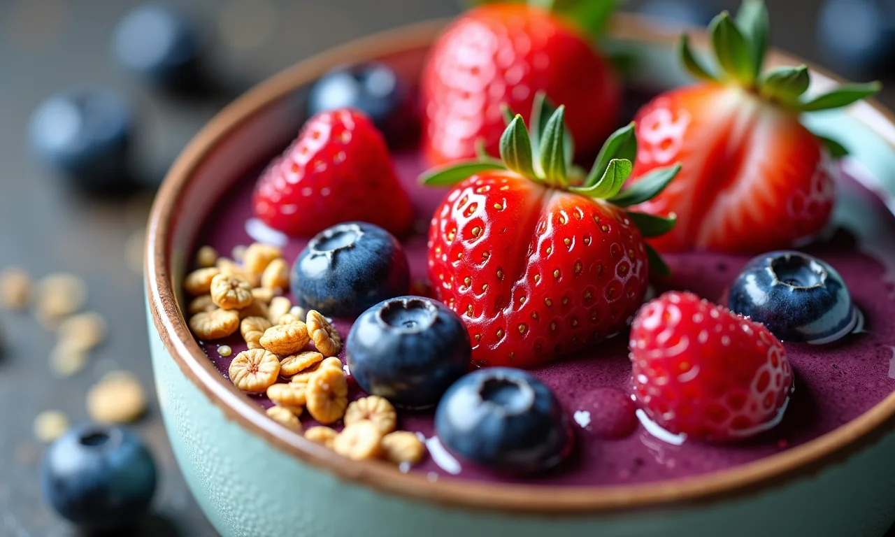 Tigela de açaí vibrante com frutas frescas e granola.