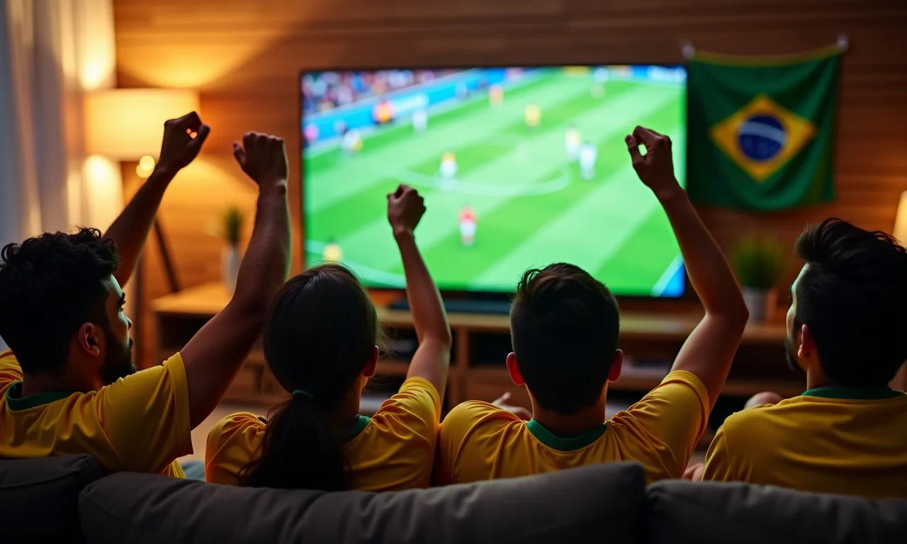 Torcedores brasileiros vibrantes assistindo jogo da Libertadores em casa.