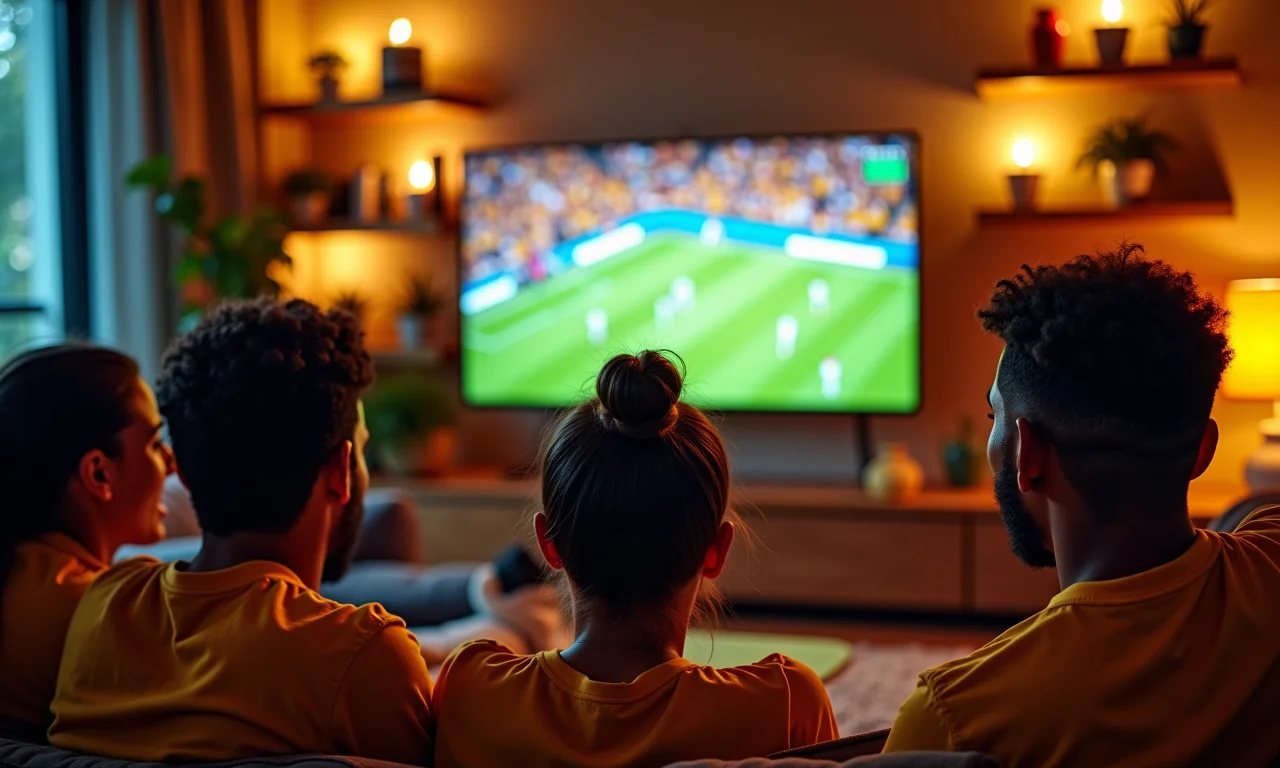 Torcedores do Flamengo assistindo ao jogo na TV.