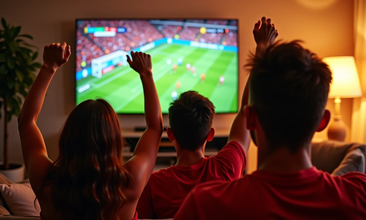 Torcedores do Flamengo comemorando gol em frente à TV.
