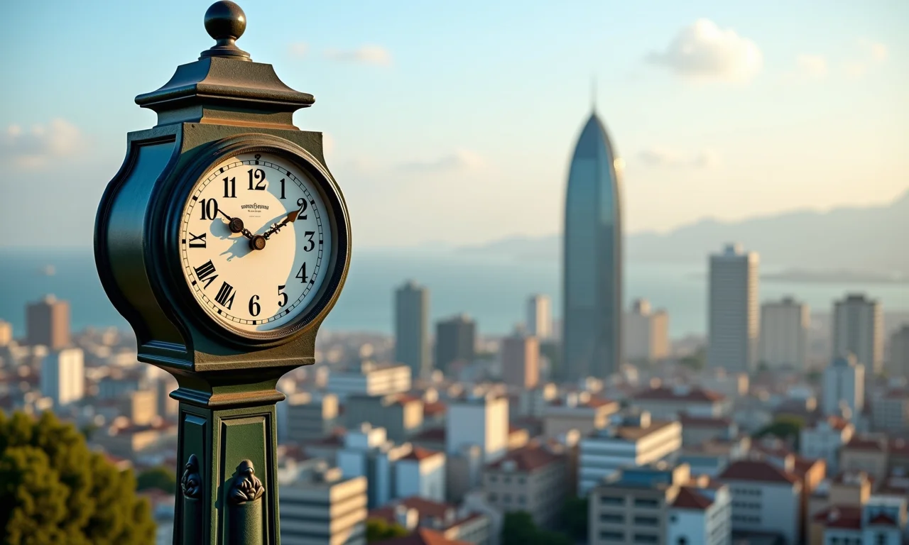 Torre de relógio antiga contrastando com paisagem urbana moderna, representando o anacronismo.