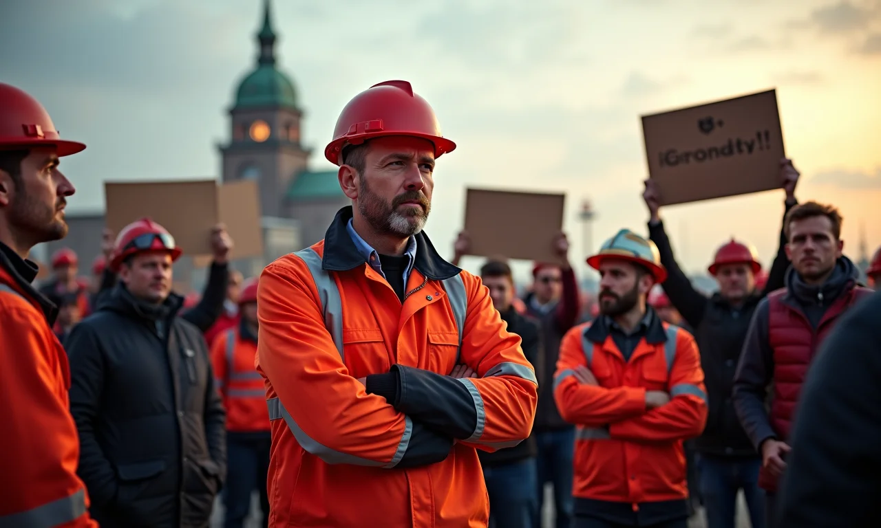 Trabalhadores poloneses protestando em um estaleiro em Gdańsk, Polônia.