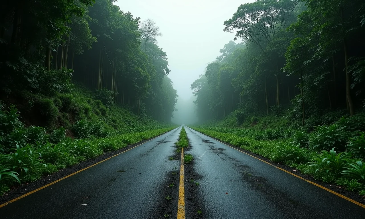 Trecho da Transamazônica tomado pela natureza, simbolizando incertezas sobre o futuro.
