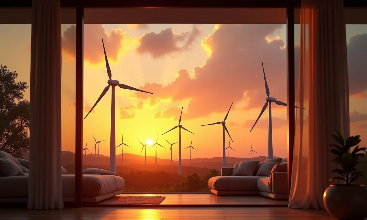 Turbinas eólicas ao pôr do sol com interior de casa brasileira.