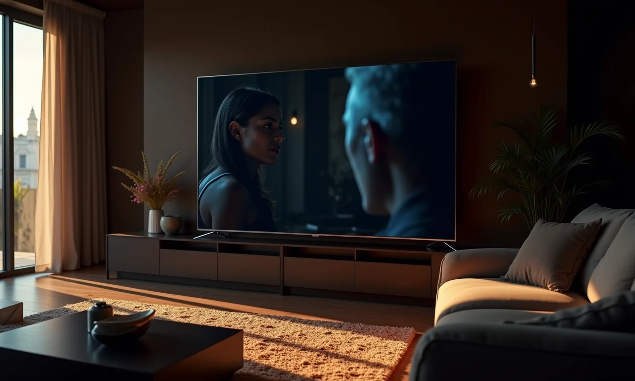 TV LG OLED exibindo filme em apartamento com design elegante.