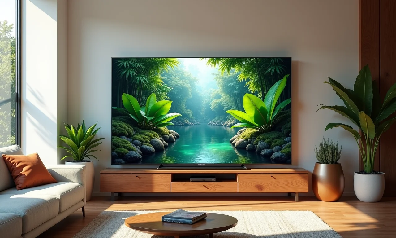 TV Samsung QLED exibindo paisagens em sala de estar moderna.