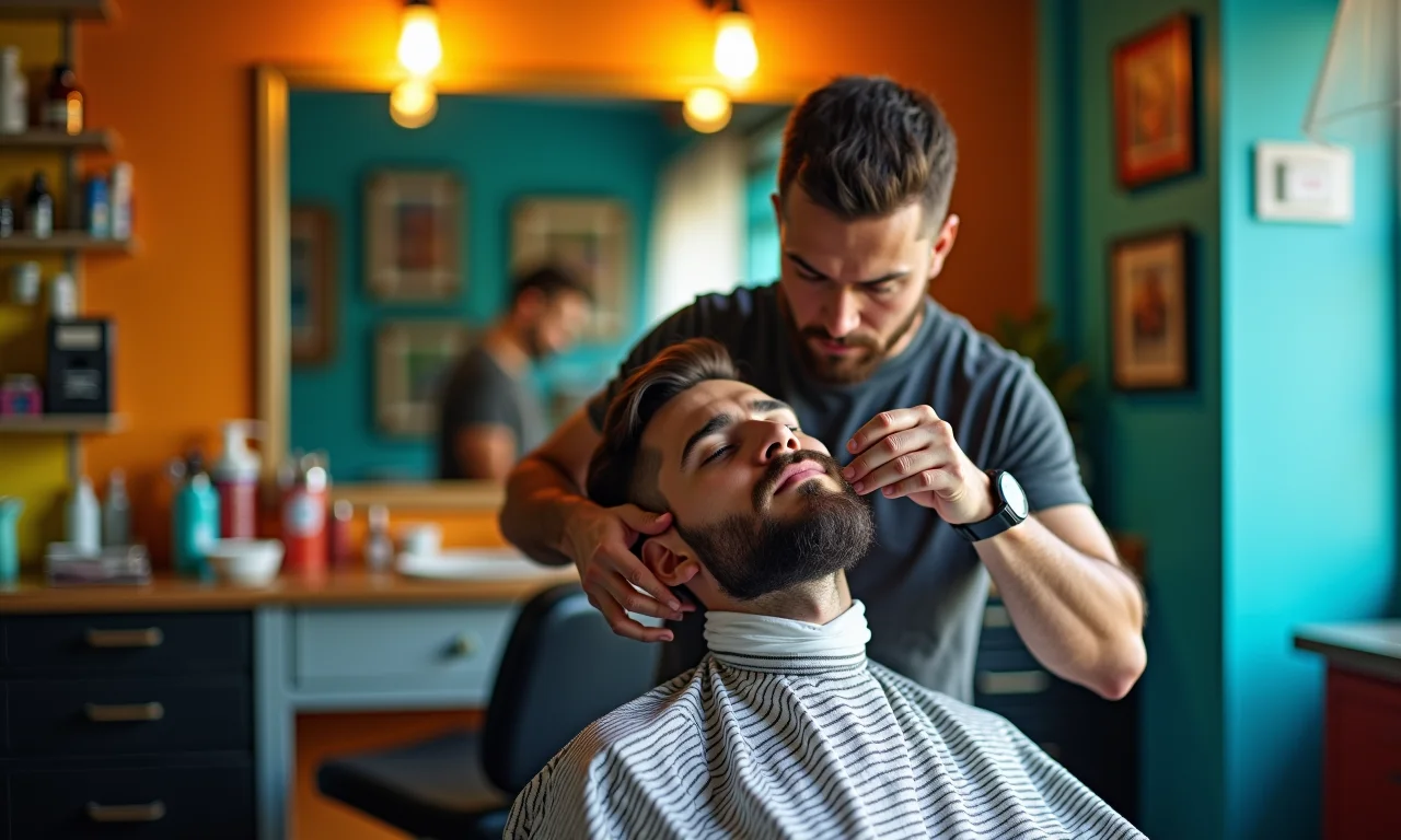 Um barbeiro em uma barbearia brasileira enfrentando o dilema de se barbear ou não, representando o Paradoxo do Barbeiro.
