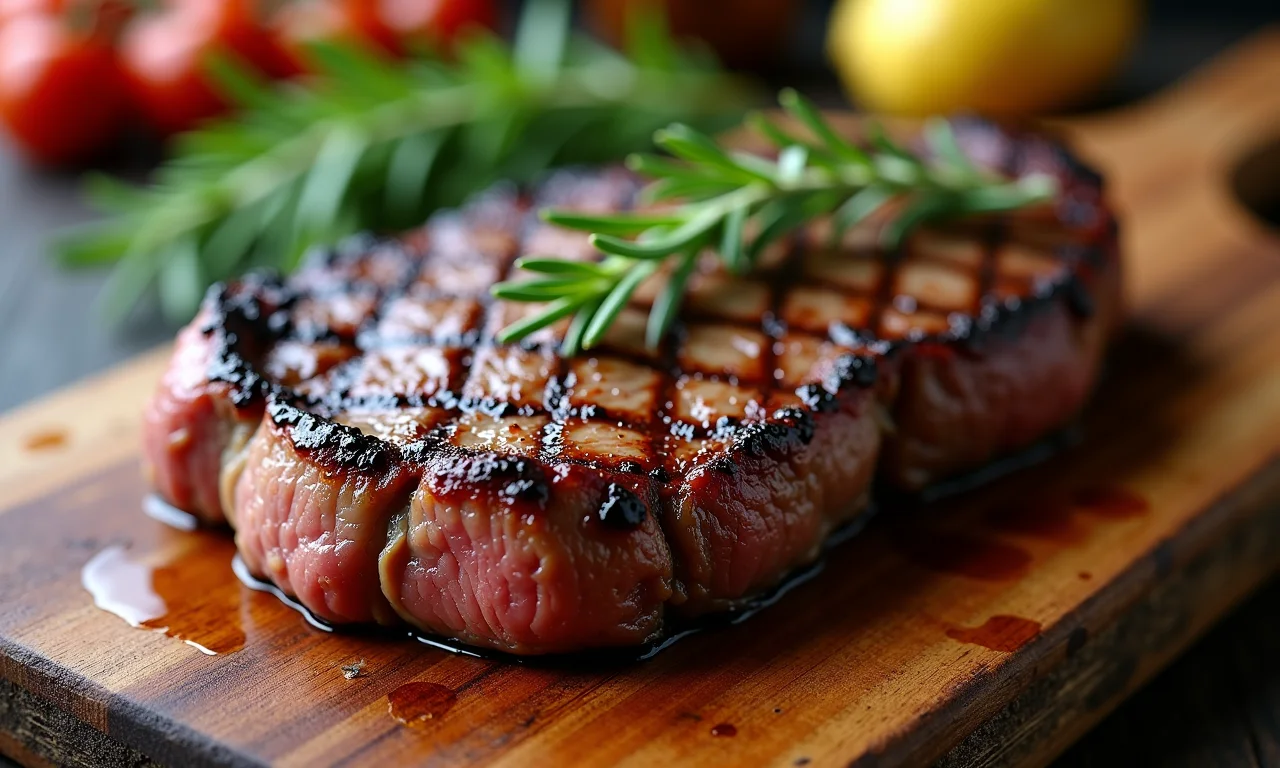 Um bife suculento e grelhado, rico em ferro heme.