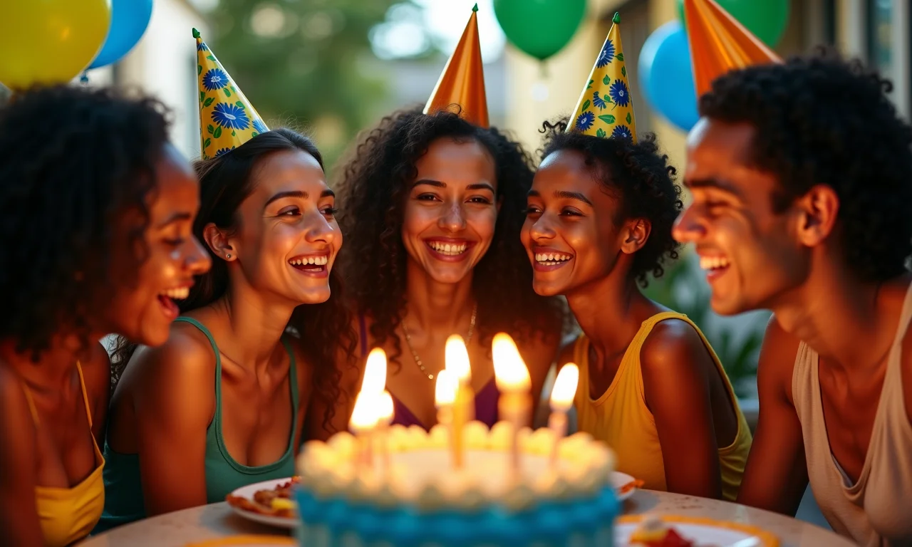 Um grupo diverso de brasileiros celebrando aniversários com temas diferentes, ilustrando o Paradoxo do Aniversário.