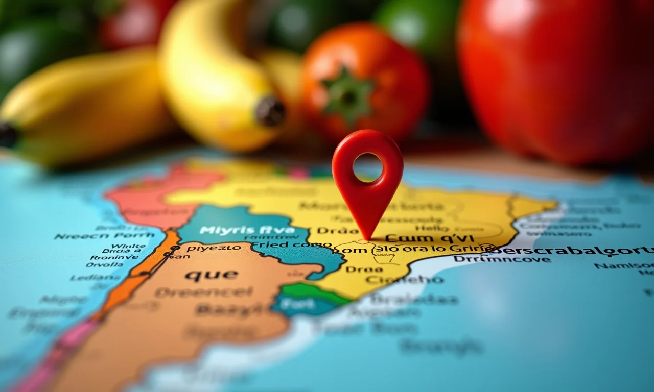 Um mercado brasileiro vibrante com a frase 'Em que' sobreposta em um mapa, indicando um lugar específico.