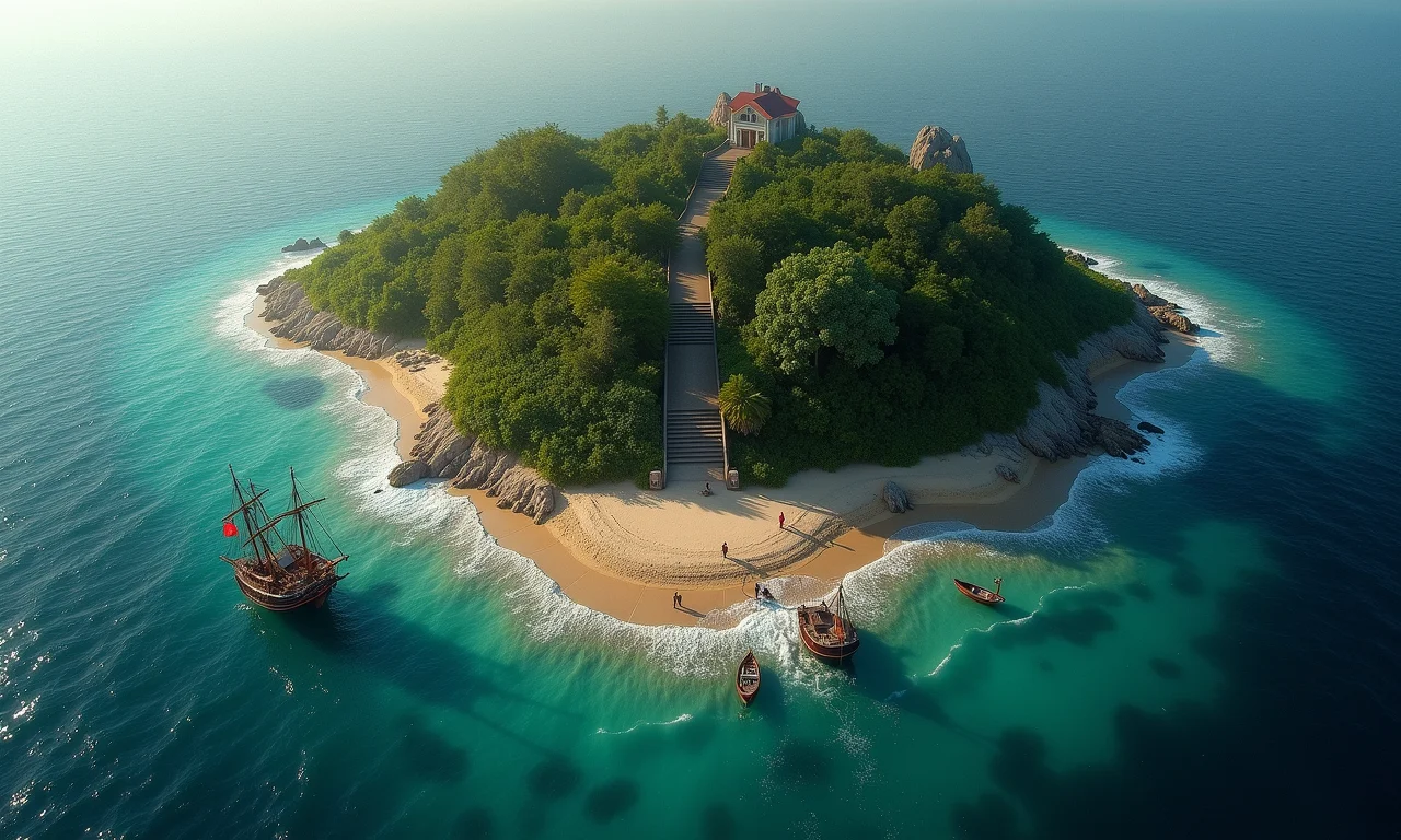 Uma ilha constantemente mudando sua localização em um mapa náutico, com marinheiros perplexos observando.