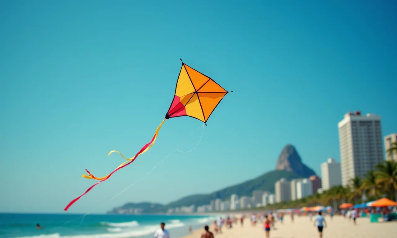 Uma pipa em forma de losango voando sobre a praia de Copacabana no Rio de Janeiro.