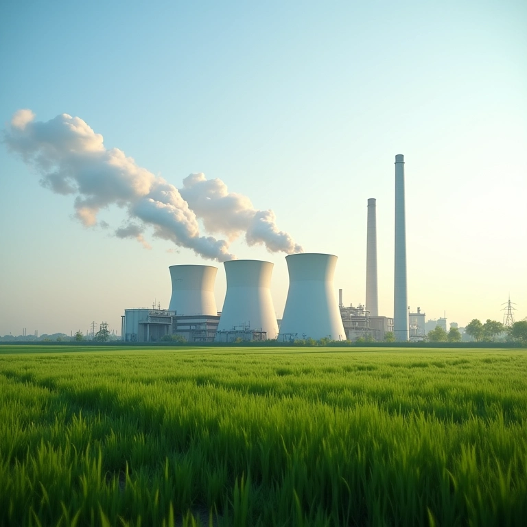 Usina de gás natural com campos verdes, representando uma opção menos poluente.