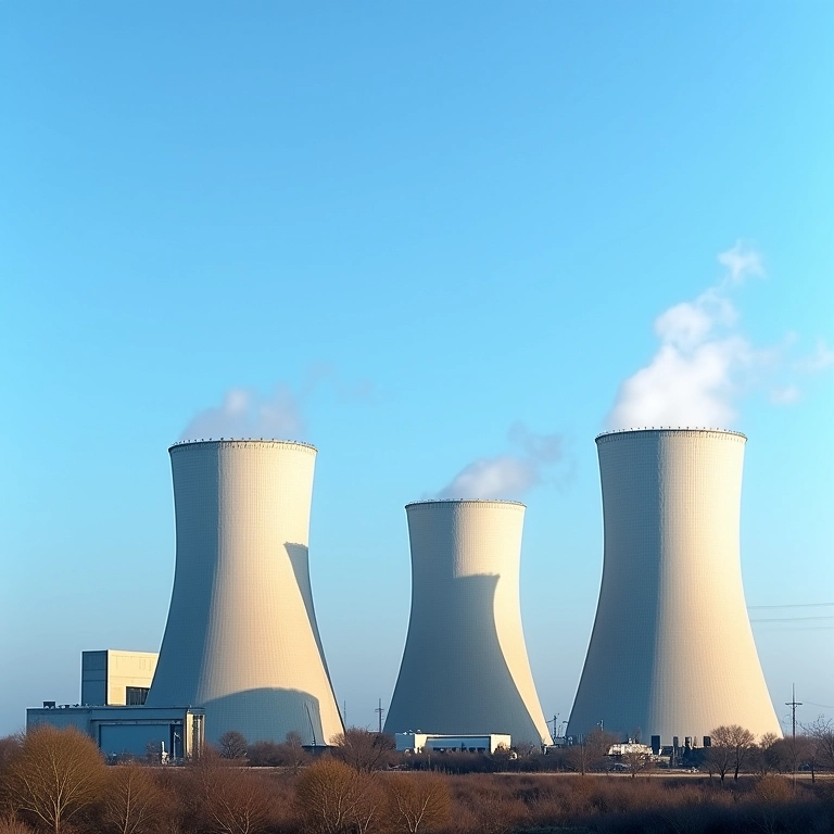 Usina nuclear com torres de resfriamento e céu azul.