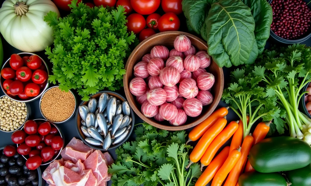 Variedade de alimentos ricos em ferro em uma feira brasileira vibrante.