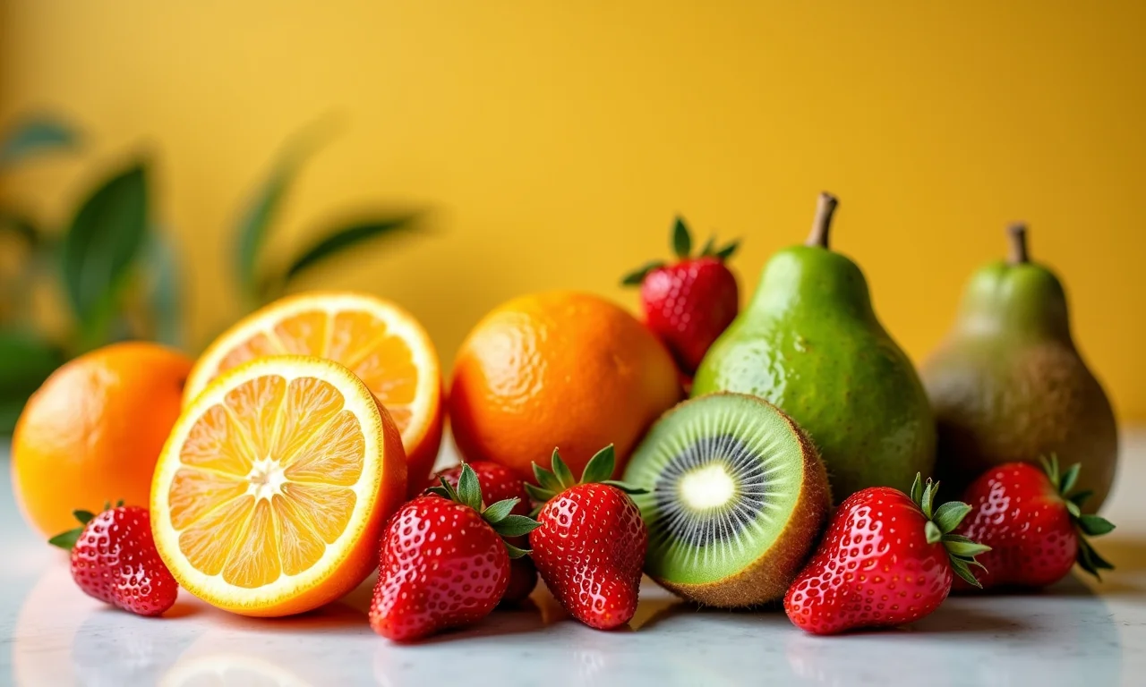 Variedade de frutas ricas em vitamina C: acerola, goiaba, laranja, kiwi e morango.