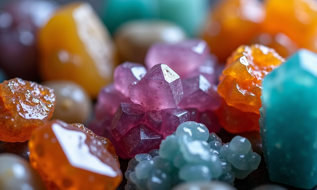 Variedade de minerais coloridos em close-up.