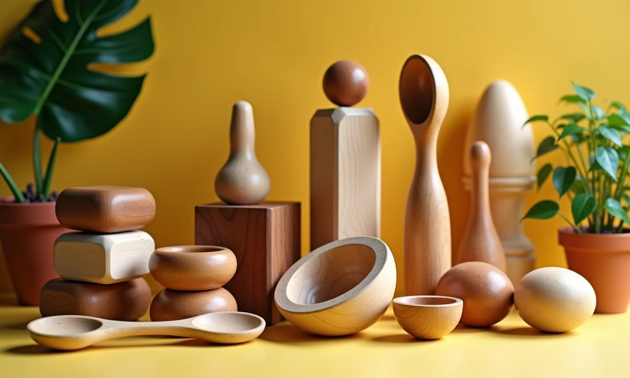 Variedade de tesouros de madeira para cesta sensorial: blocos, colheres e anéis.