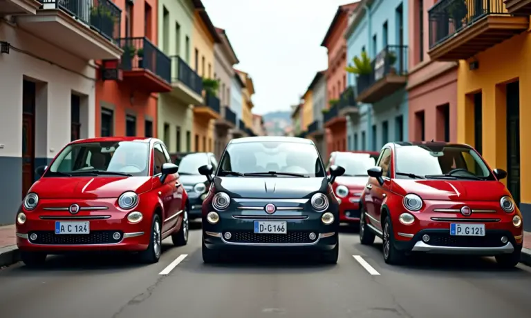 Vários carros Fiat e de suas marcas lado a lado em rua vibrante.