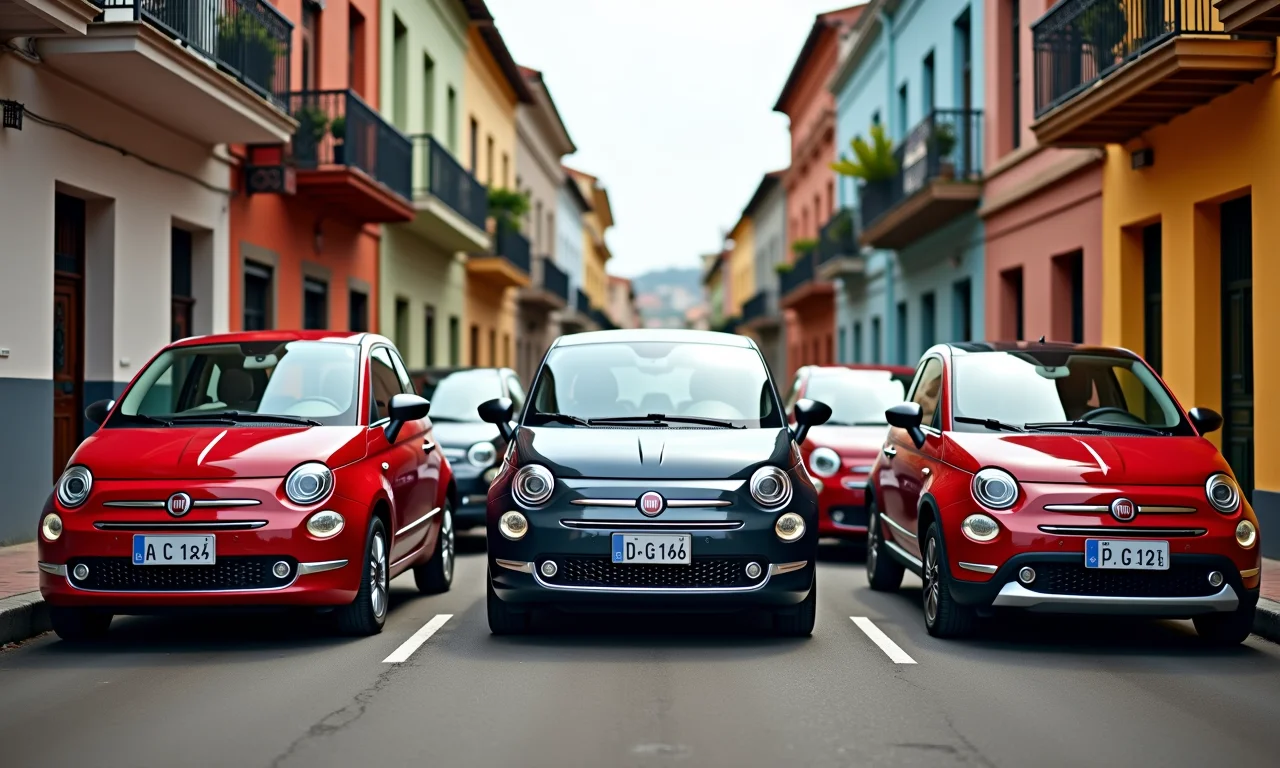 Vários carros Fiat e de suas marcas lado a lado em rua vibrante.