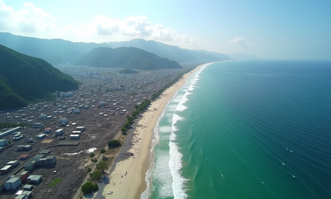 Visão aérea da costa de Tohoku, Japão, após o terremoto e tsunami de 2011.