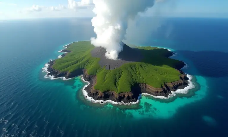 Visão aérea de uma nova ilha vulcânica com vegetação exuberante e águas turquesas.