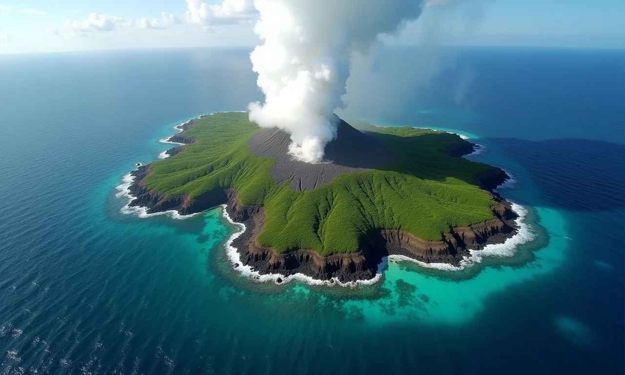 Visão aérea de uma nova ilha vulcânica com vegetação exuberante e águas turquesas.