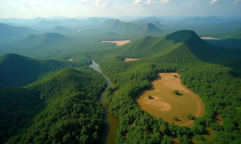 Visão aérea dos biomas brasileiros: Amazônia, Cerrado, Caatinga, Mata Atlântica e Pampa.