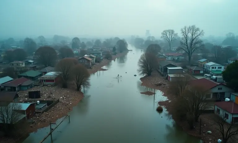 Visão aérea dramática de cidade alagada após desastre natural devastador.