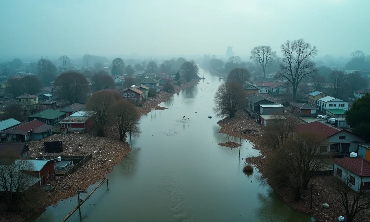 Visão aérea dramática de cidade alagada após desastre natural devastador.