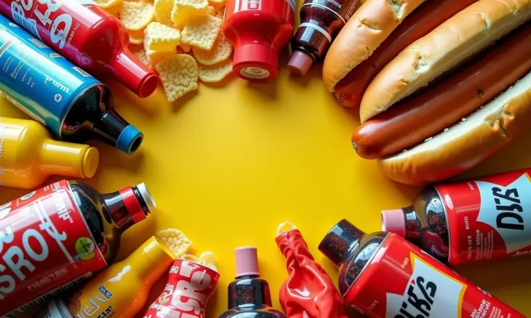 Visão geral de uma mesa cheia de alimentos ultraprocessados como refrigerantes, batatas fritas e doces.