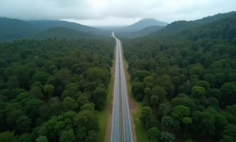 Vista aérea da Rodovia Transamazônica cortando a floresta amazônica.