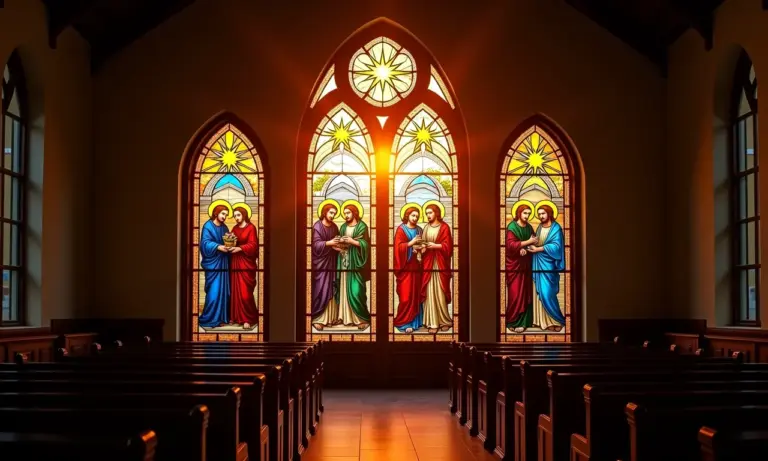 Vitral colorido representando os sacramentos da Igreja Católica.