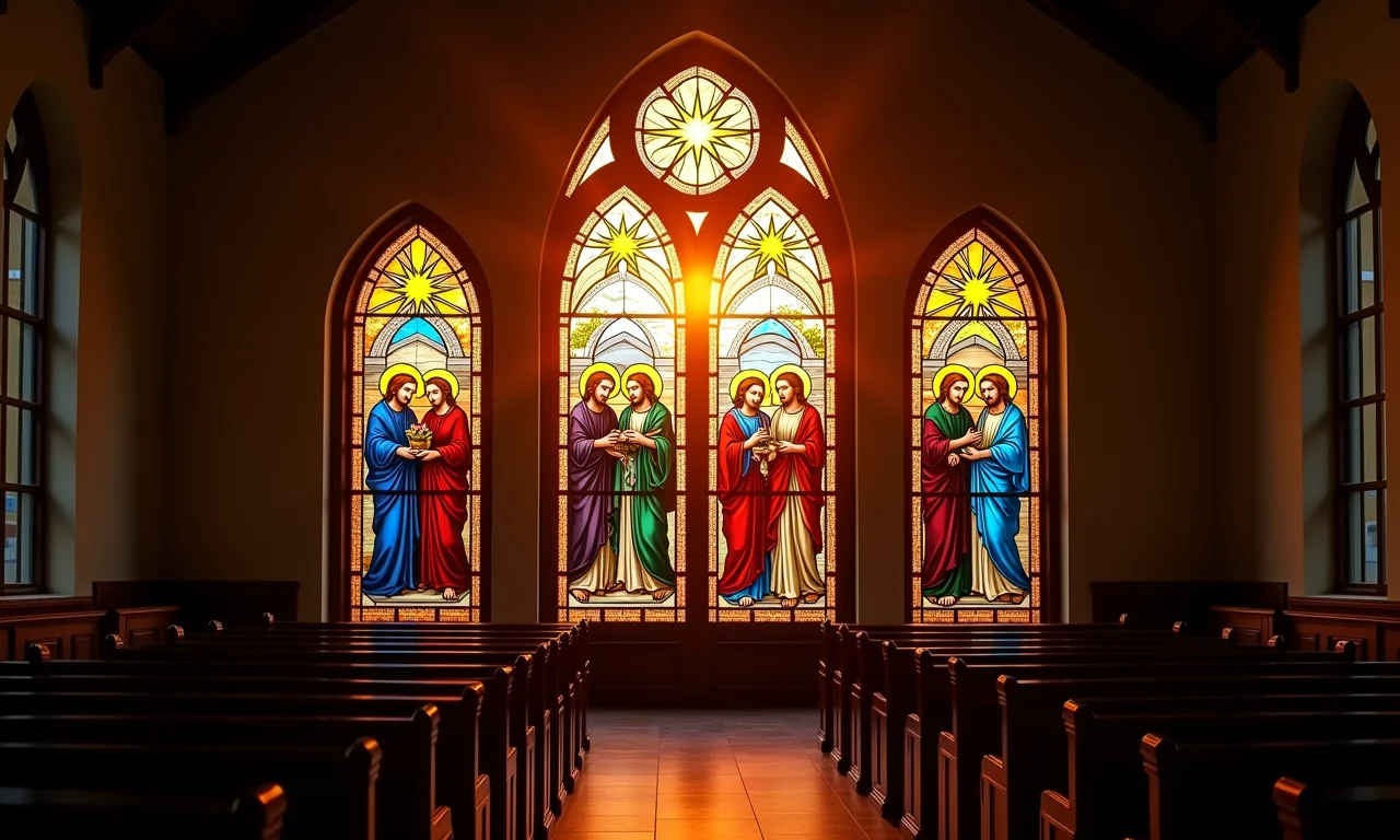 Vitral colorido representando os sacramentos da Igreja Católica.