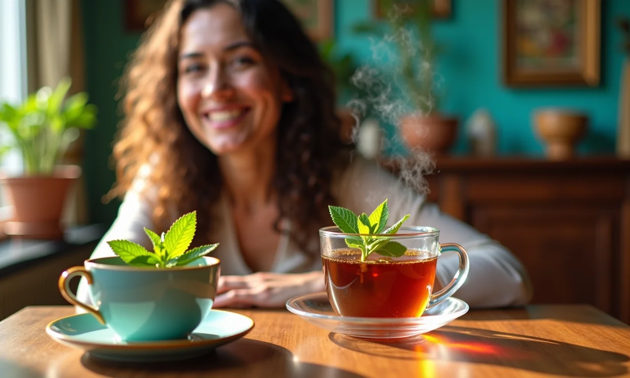 Xícara fumegante de chá de hortelã com decoração brasileira vibrante.